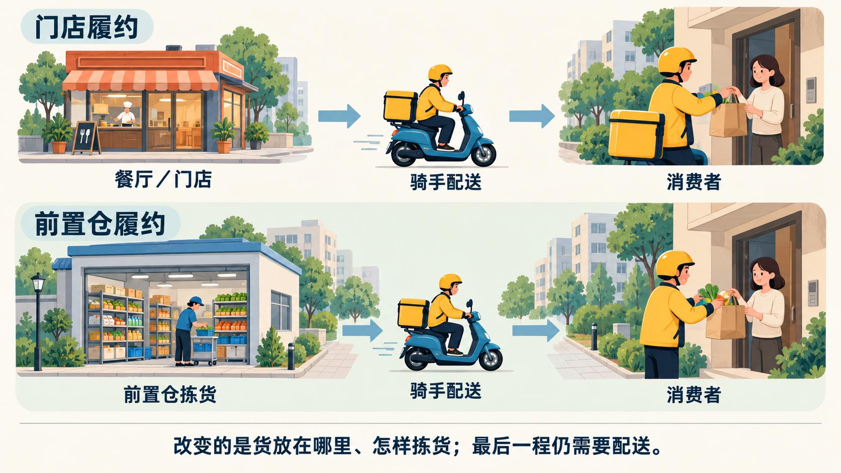 门店到家与前置仓经营形态对照示意