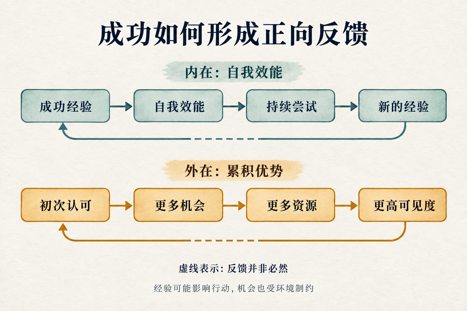 两种可能相互作用的反馈:成功经验影响自我效能,初次认可也可能带来更多机会和资源